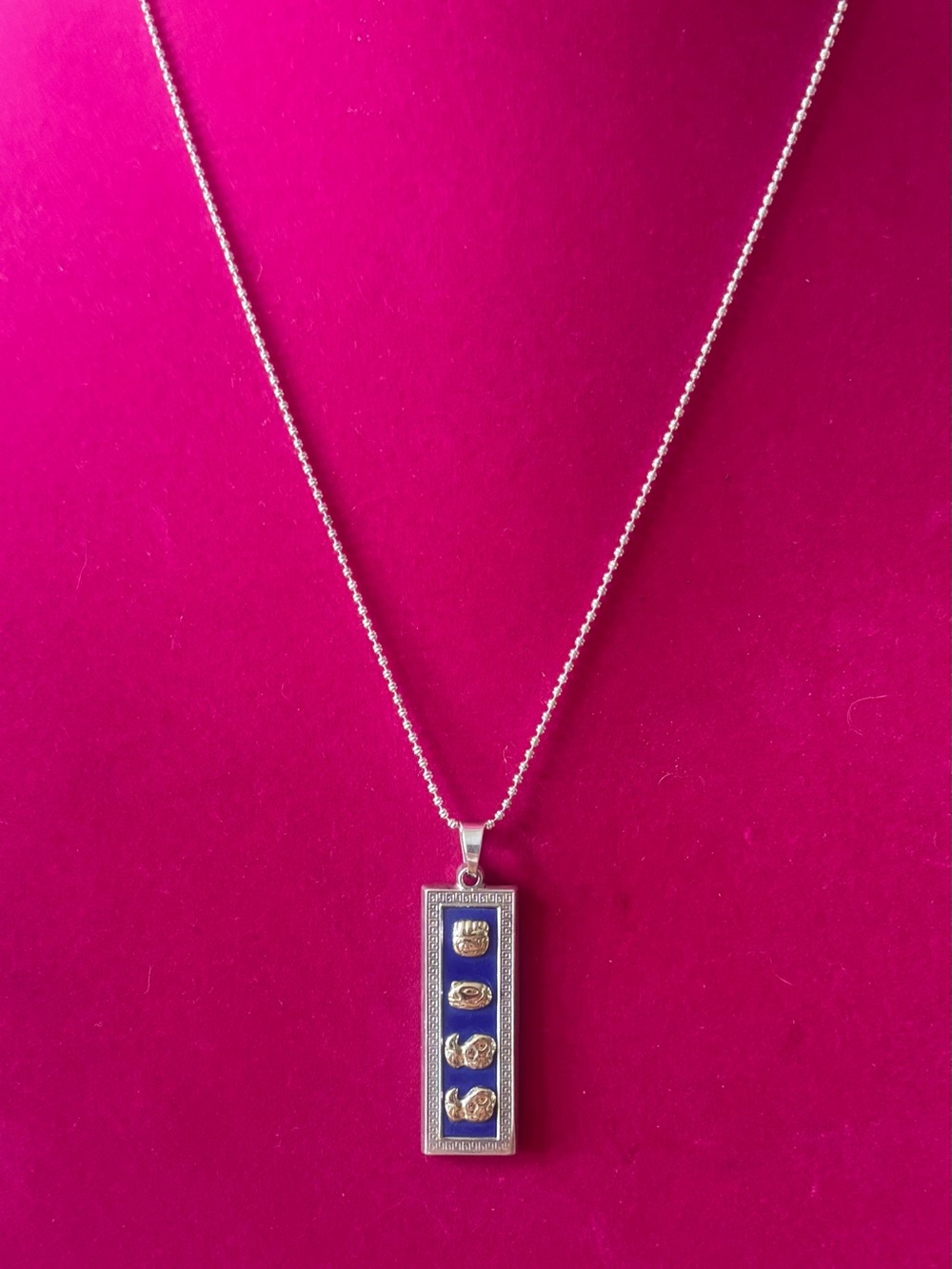 Vintage 925 Lapis Lazuli Hieroglyph Pendant Beaded Necklace 21.5” Maya Egyptian